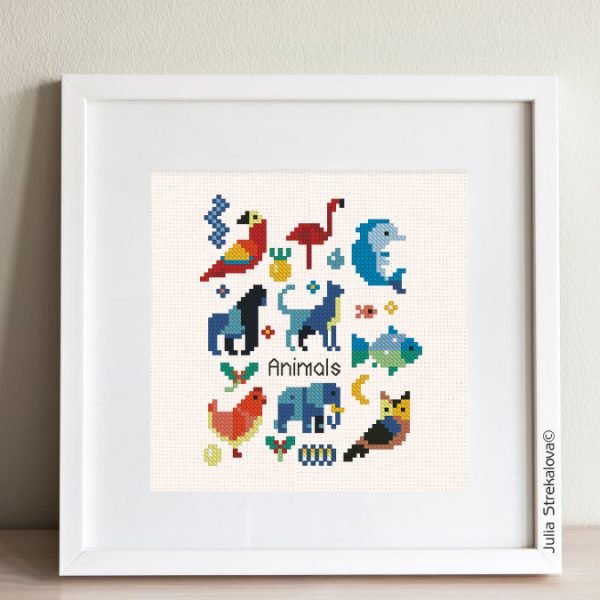 The cross-stitch pattern with "Animals Sampler" in geometric style.