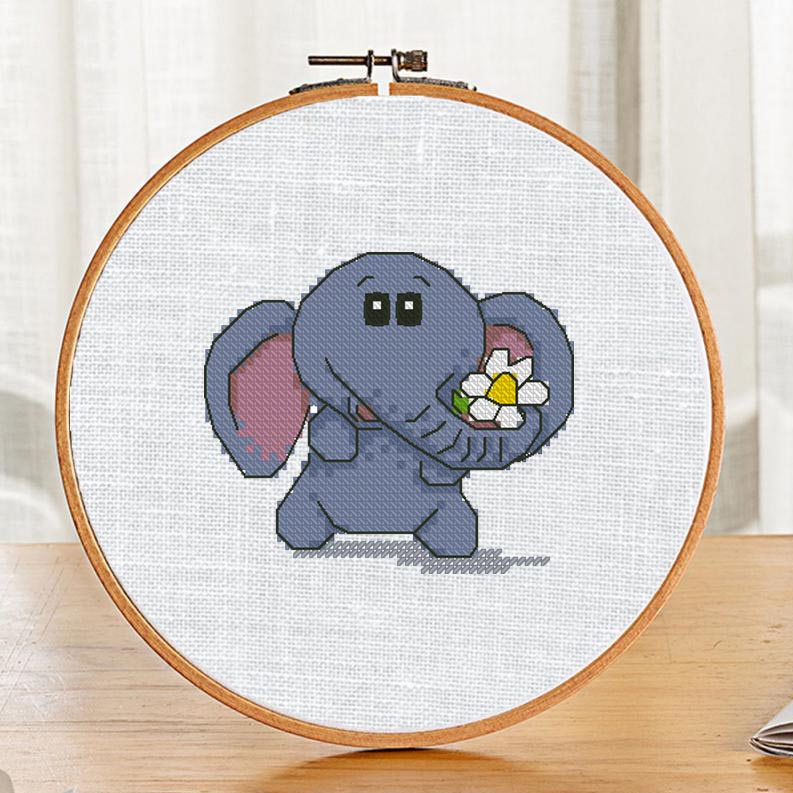 The free small cross-stitch pattern "Elephant and flower" for beginners.