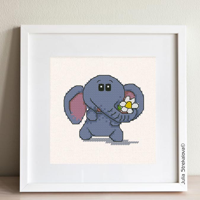 The free small cross-stitch pattern "Elephant and flower" for beginners.