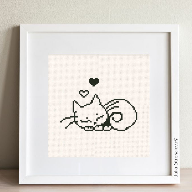 The free printable monochrome cross-stitch pattern "Sleeping Cat" in modern style. It can be used for gift or cloth decor. It is suitable for hoop art. Just add any sign and you'll get a personalized gift.