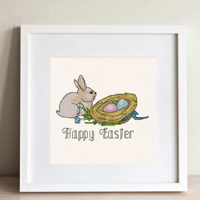 The free printable pdf cross-stitch pattern "Rabbit Happy Easter" in modern style.