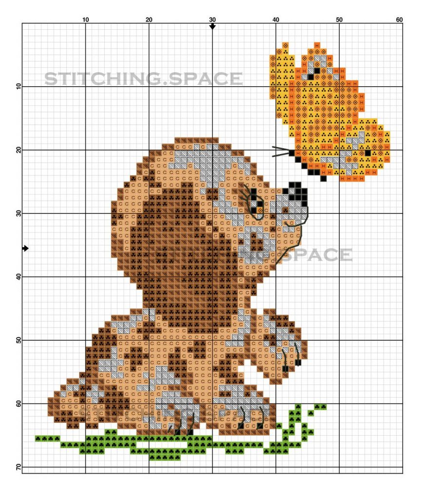 The free printable small and easy cross-stitch pattern with pretty "Dog & Butterfly" in modern style. 