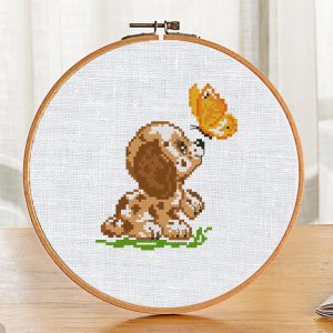 The free printable small and easy cross-stitch pattern with pretty "Dog & Butterfly" in modern style. It can be used for gift or home decor. It is suitable for hoop art. Just add any text and get a unique personalised gift, e.x., Birth Announcement.