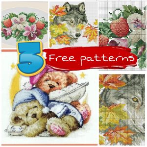 3 Free Cross Stitch Patterns. Wolf, Bears and Strawberry