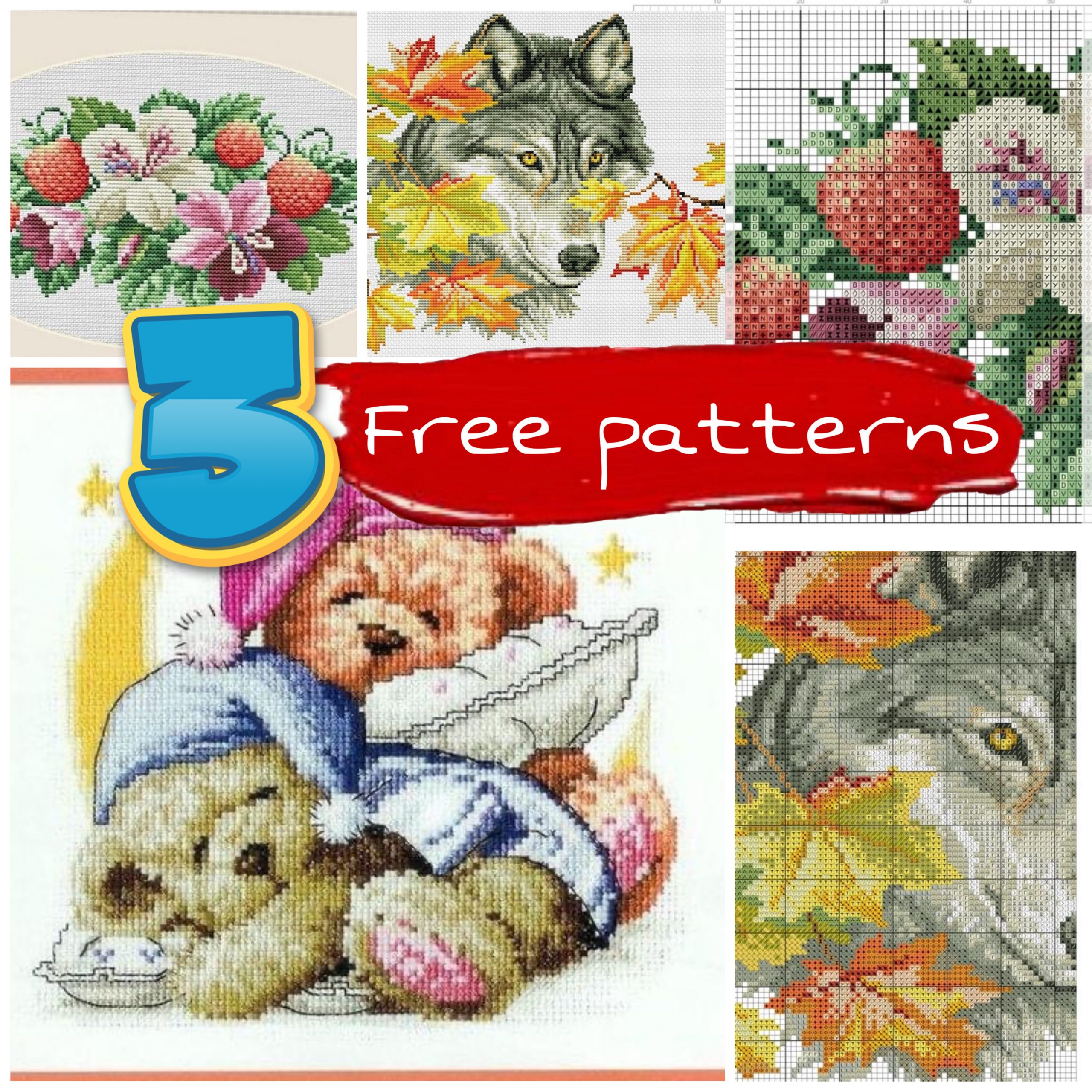 3 medium free cross stitch patterns. Wolf, Bears and Strawberry