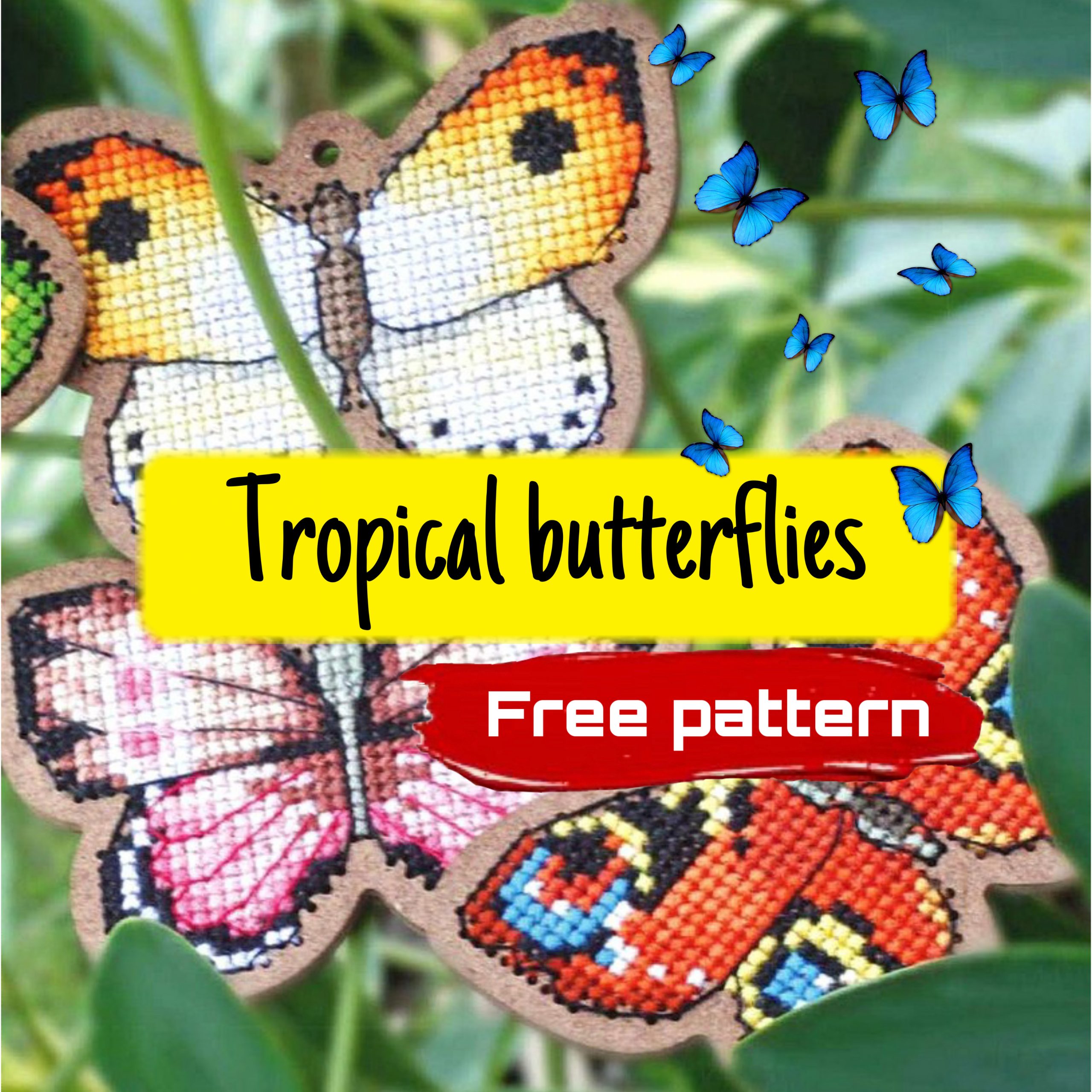 Free cross stitch patterns with 5 tropical butterflies