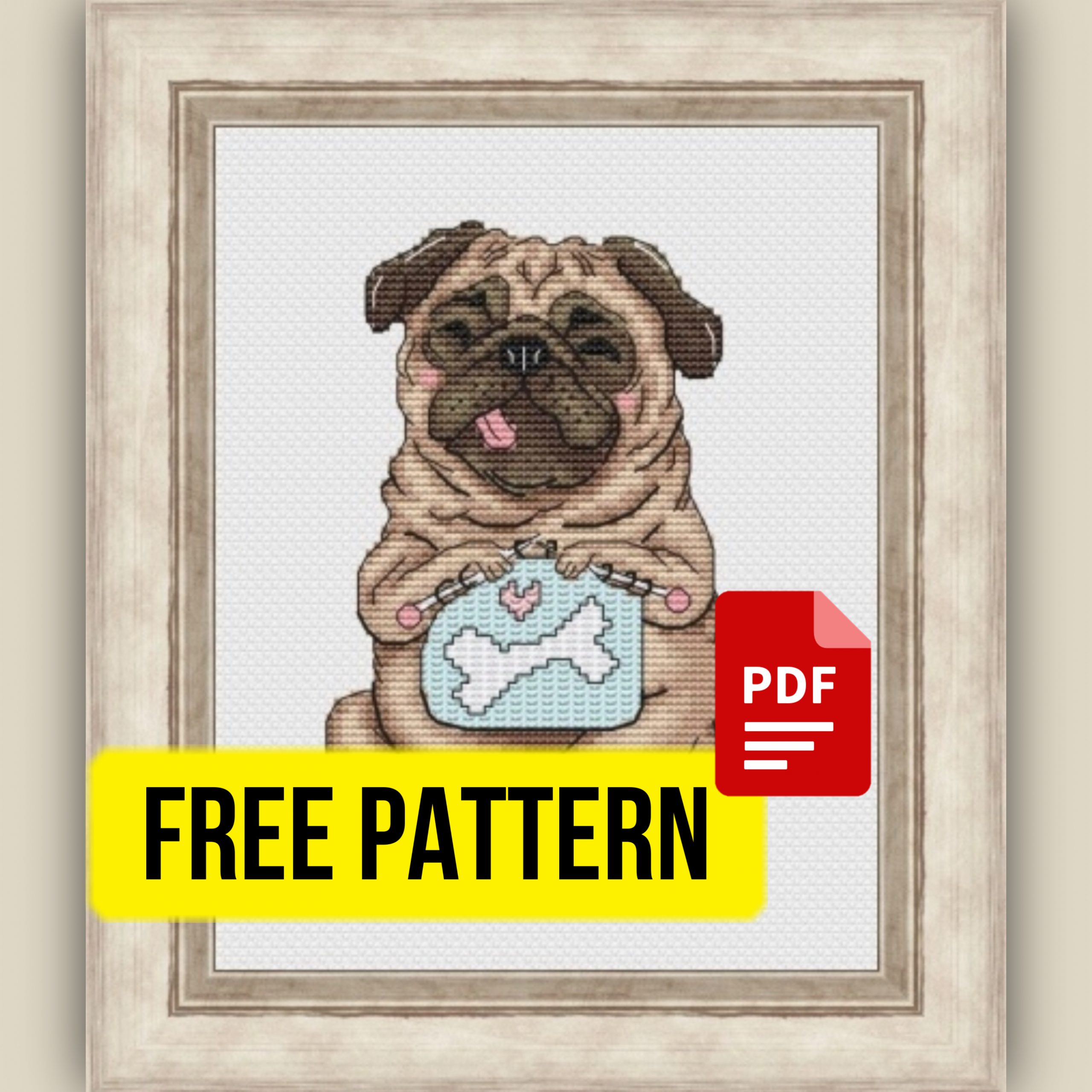 “Knitting pug” – funny free cross stitch pattern
