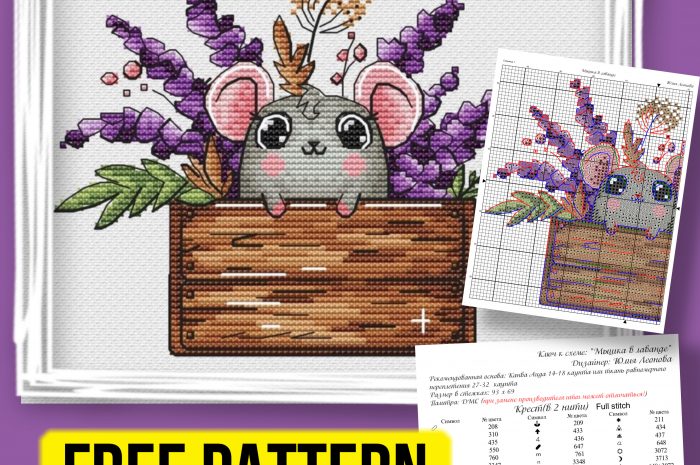 “Mouse with lavender” – free cross stitch pattern