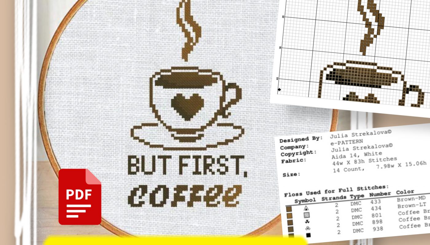 “But first, coffee” - Free Cross Stitch Pattern Sampler
