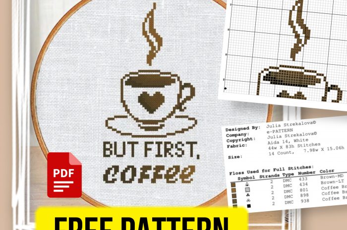 “But first, coffee” – free cross stitch pattern