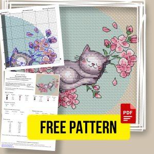 “Spring Cat” - Free Cross Stitch Design Flowers Animals