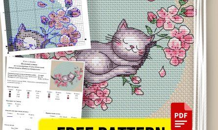 “Spring Cat” - Free Cross Stitch Design Flowers Animals