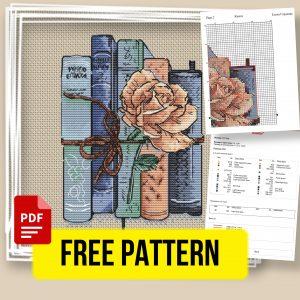 “Books and rosa” - Free Cross Stitch Pattern Nature Flowers﻿