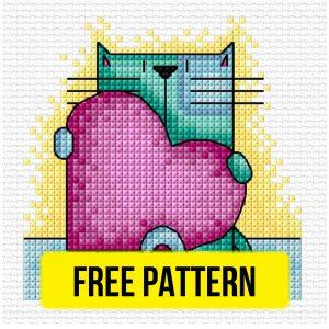 Cat with Heart - Free Cross Stitch Pattern Valentine’s Day