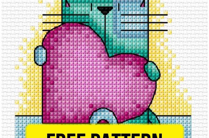 “Cat with heart” – free cross stitch pattern