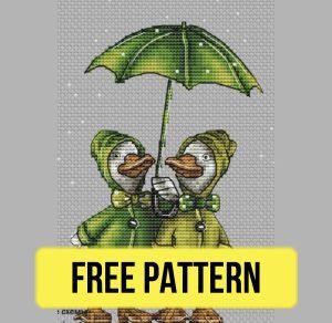 Free cross stitch pattern with two geese in the rain designed by Victoria Gerasimova.
