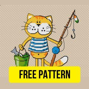 Free cross stitch pattern with a cat fishman designed by Olga Bolachkova.