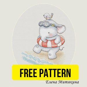 Free cross stitch pattern with a cute Elephant swimmer designed by Elena Mityakina.