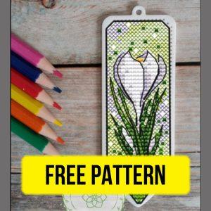 Free cross stitch pattern with a crocus flower in pencil bookmark design designed by Elena Petrova.