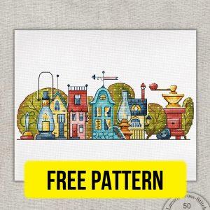 Free cross stitch pattern with fairy town designed by Eva & Lazurit.