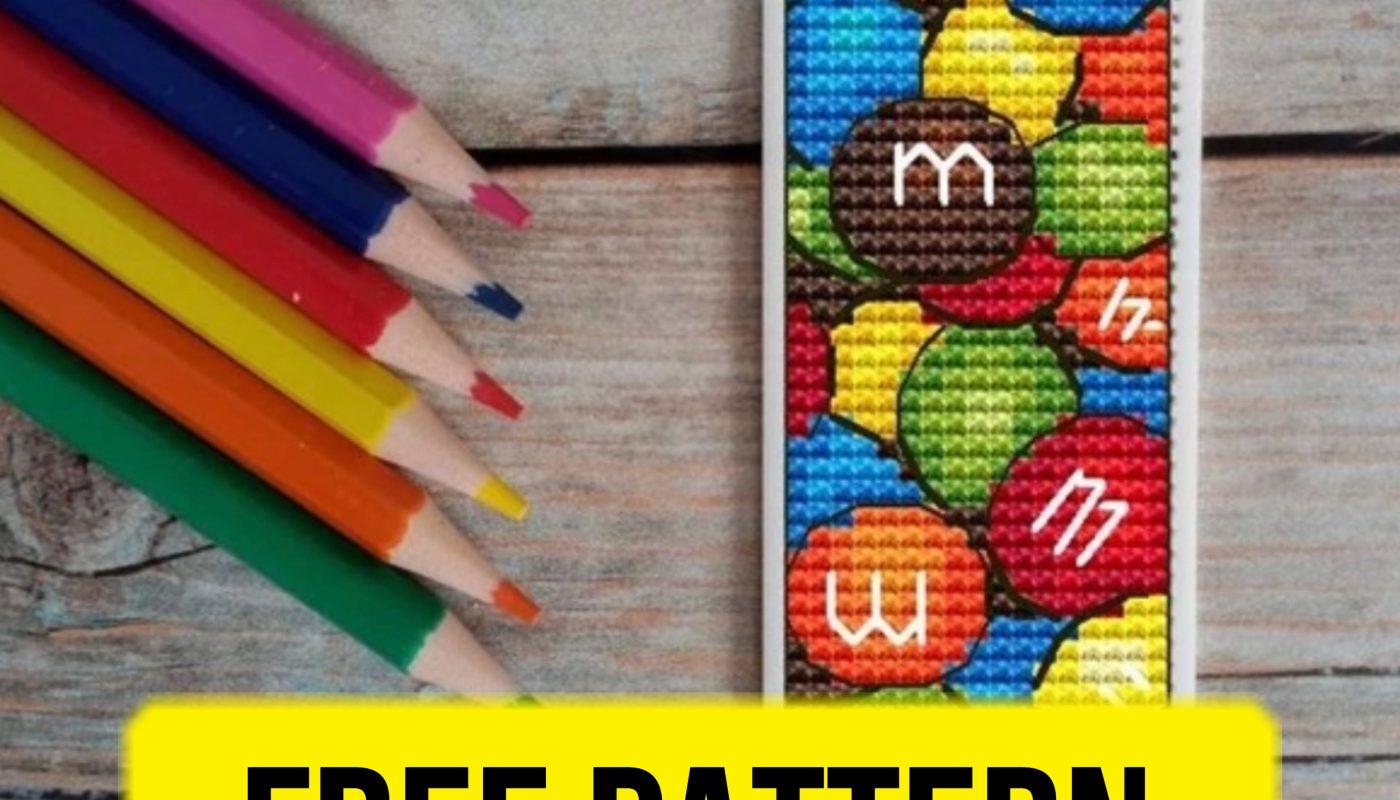 Free cross stitch pattern with MM candies in pencil bookmark design designed by Anna Alexandrova.