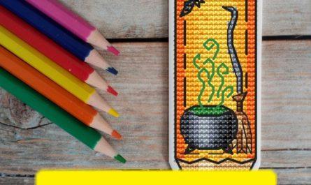 Free cross stitch pattern with Halloween magic potion in pencil bookmark design designed by Yulia Leonova.