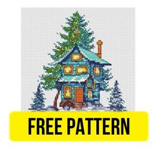 Free cross stitch pattern with a winter house designed by Elena Gordeeva.