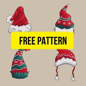 Free cross stitch pattern with Christmas hats designed by Elena Zachetkina.