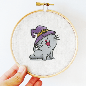 The cross-stitch pdf printable pattern "Cat in hat" in Halloween style.