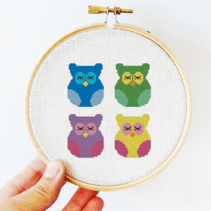 The small cross-stitch pdf printable pattern "Owls Primitive" in modern style.