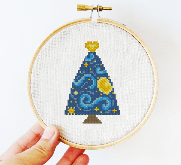 The small cross-stitch pdf printable pattern "Starry Night Primitive" in modern style.