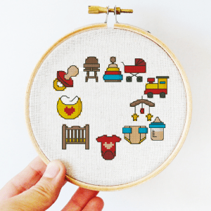 The small cross-stitch pdf printable pattern "Baby sampler" in modern style.